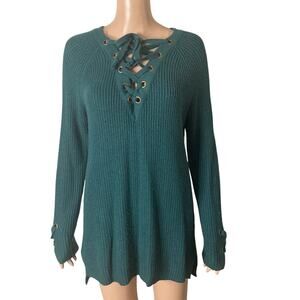 Becool Lace Up Neck Sweater Womens Large Green Pullover